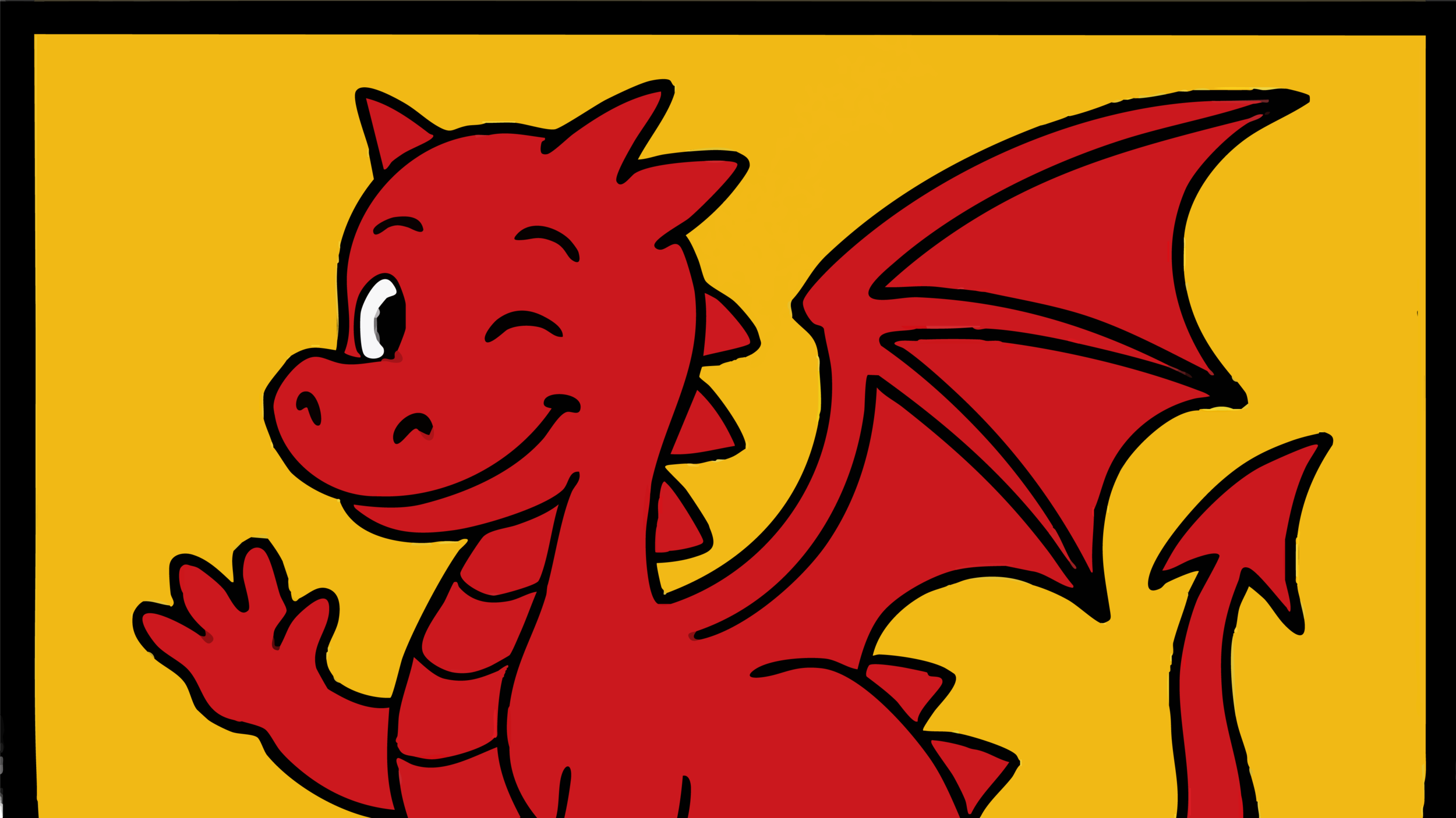 Ein roter Drache vor einem gelben Hintrgrund auf einem grünen Hügel. der Drache sieht freundlich aus, zwinkert und winkt. Das Wappen ist eine Anlehnung an das Wappen von Drackenstein